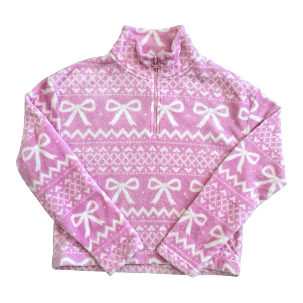 No Boundaries Christmas Quarter Zip Mock Neck Pink and White Fleece Pullover